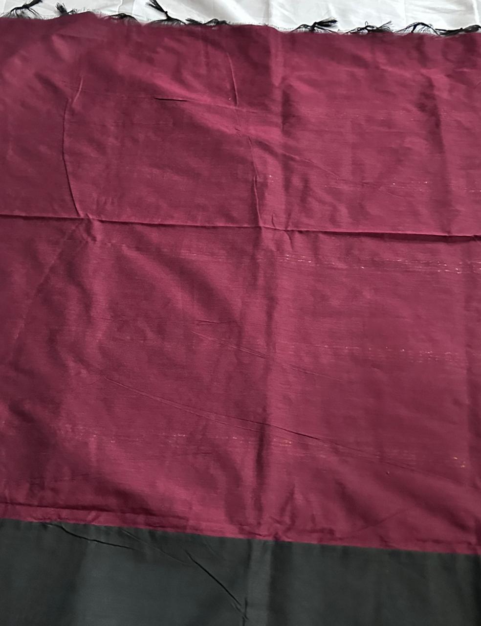 Black and Maroon Kalyani Cotton Saree with Elegant Golden Zari Lines