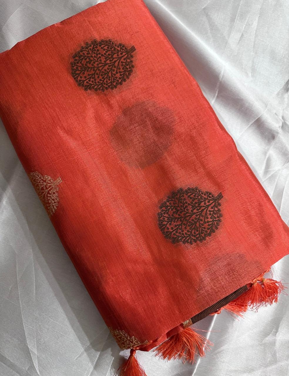 Rust Orange Tussar Silk Saree with Hand Block Leaf Prints and Tassel Detailing