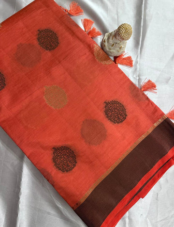 Rust Orange Tussar Silk Saree with Hand Block Leaf Prints and Tassel Detailing