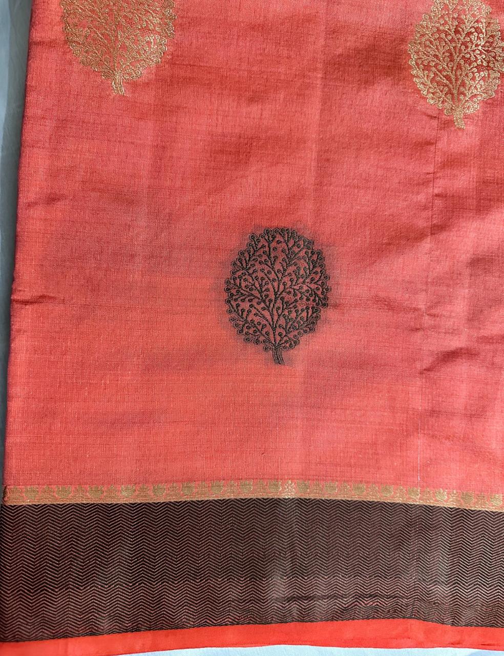 Rust Orange Tussar Silk Saree with Hand Block Leaf Prints and Tassel Detailing