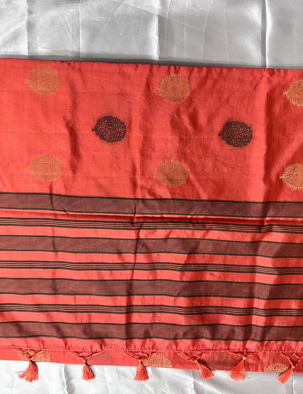 Rust Orange Tussar Silk Saree with Hand Block Leaf Prints and Tassel Detailing