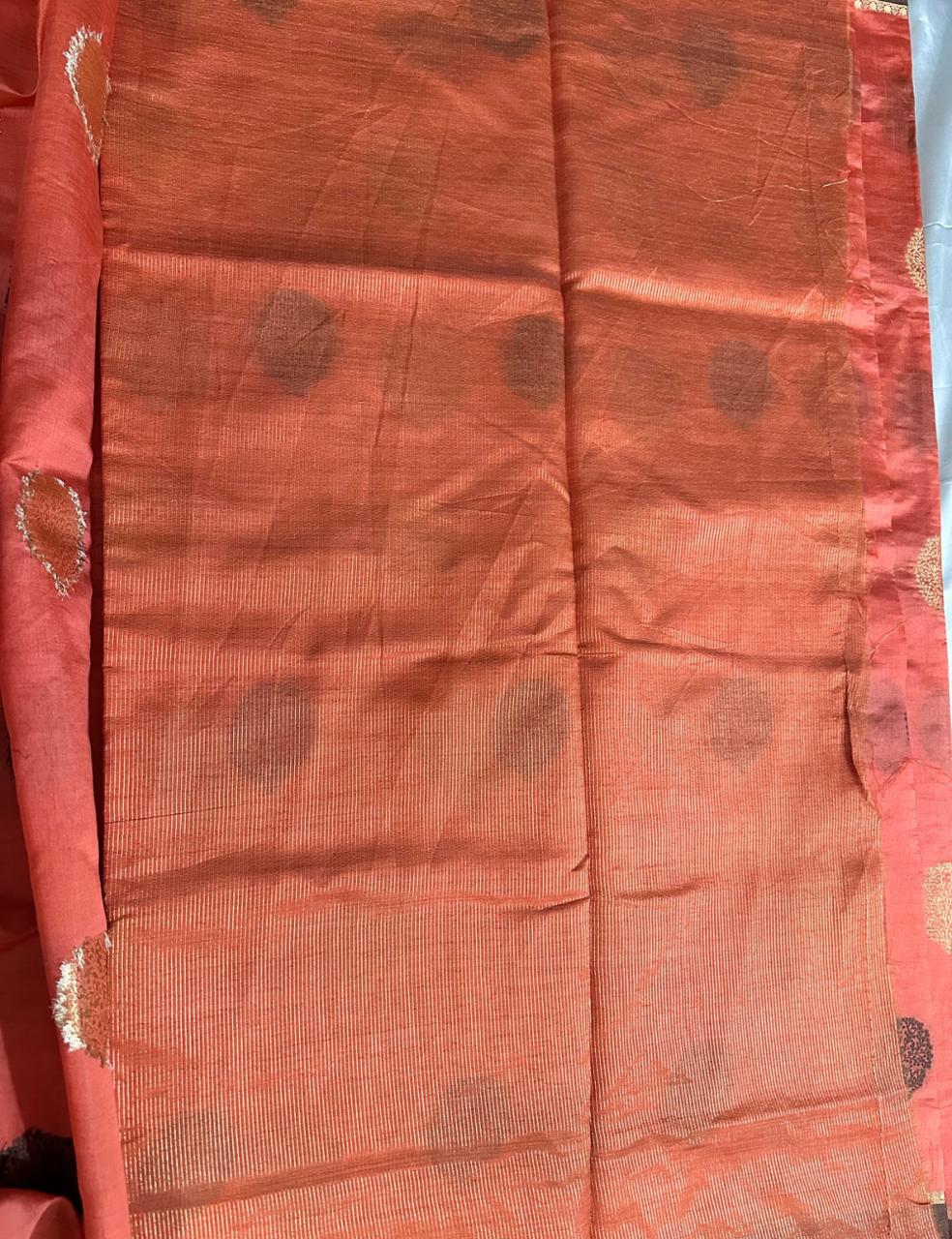 Rust Orange Tussar Silk Saree with Hand Block Leaf Prints and Tassel Detailing