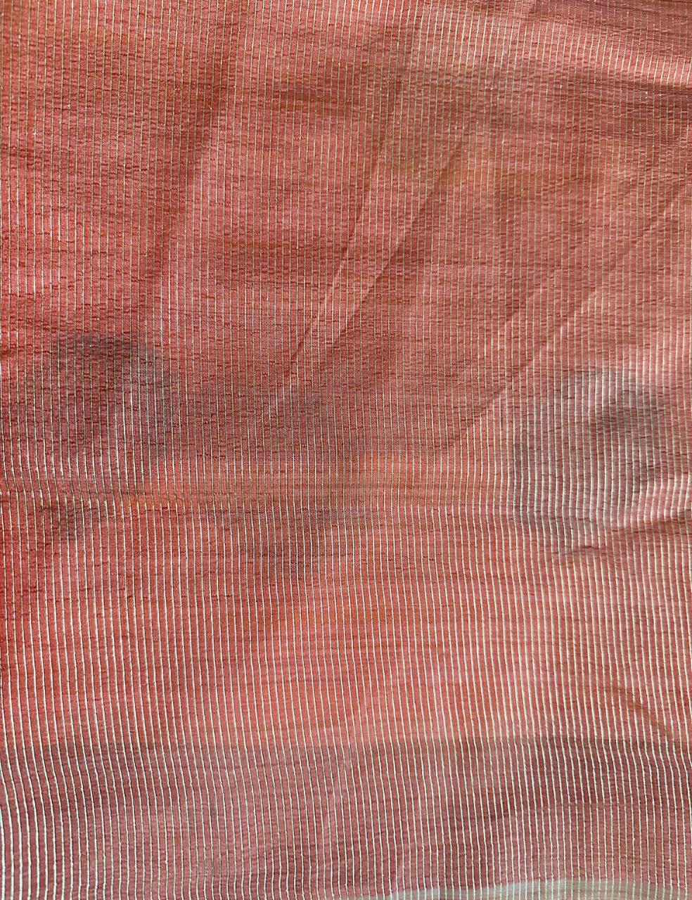 Rust Orange Tussar Silk Saree with Hand Block Leaf Prints and Tassel Detailing