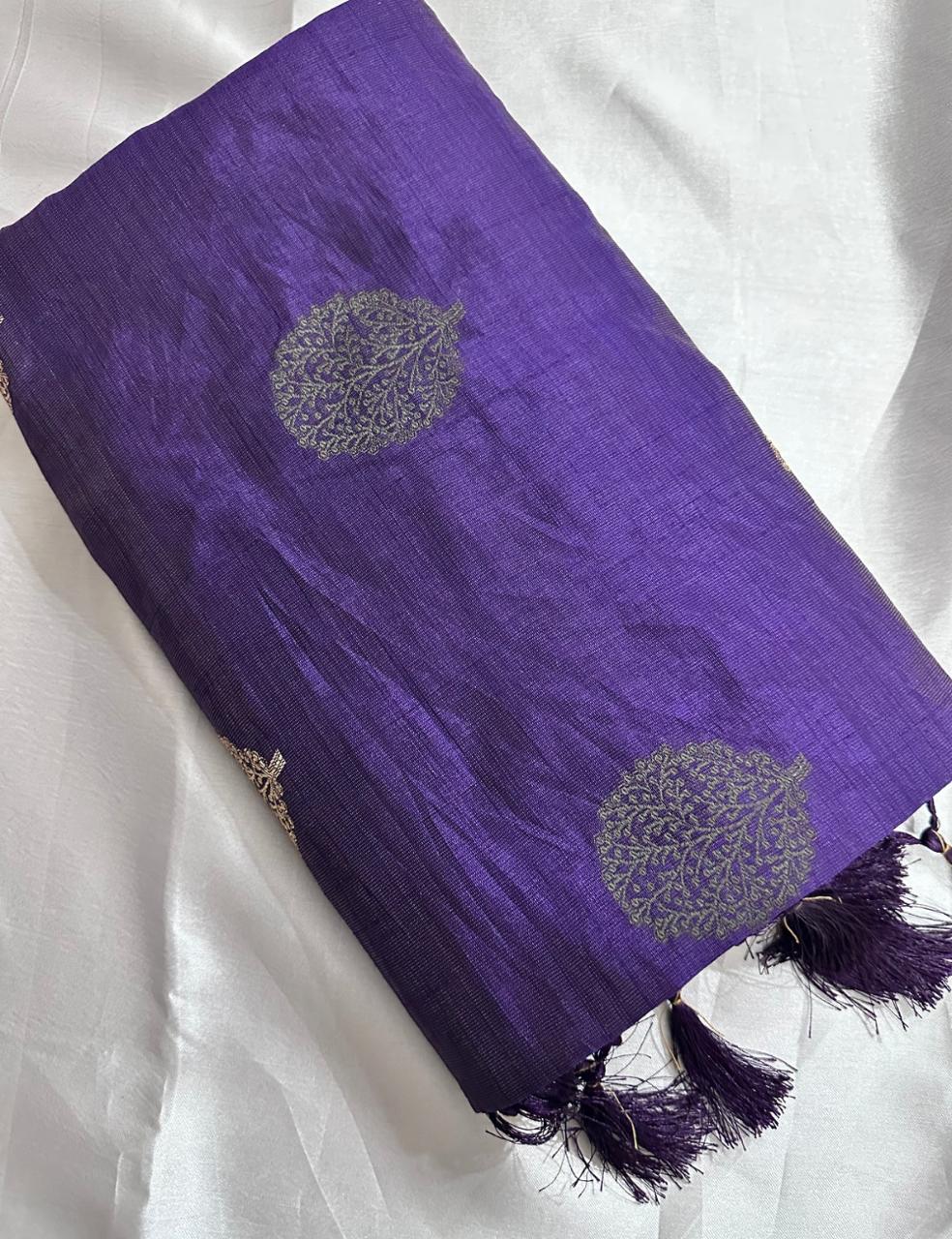 Deep Violet Tussar Silk Saree with Hand Block Leaf Prints and Tassel Finish