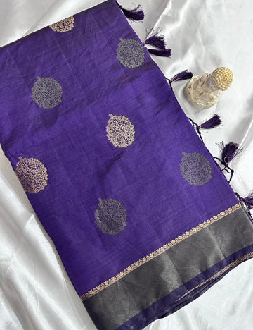 Deep Violet Tussar Silk Saree with Hand Block Leaf Prints and Tassel Finish
