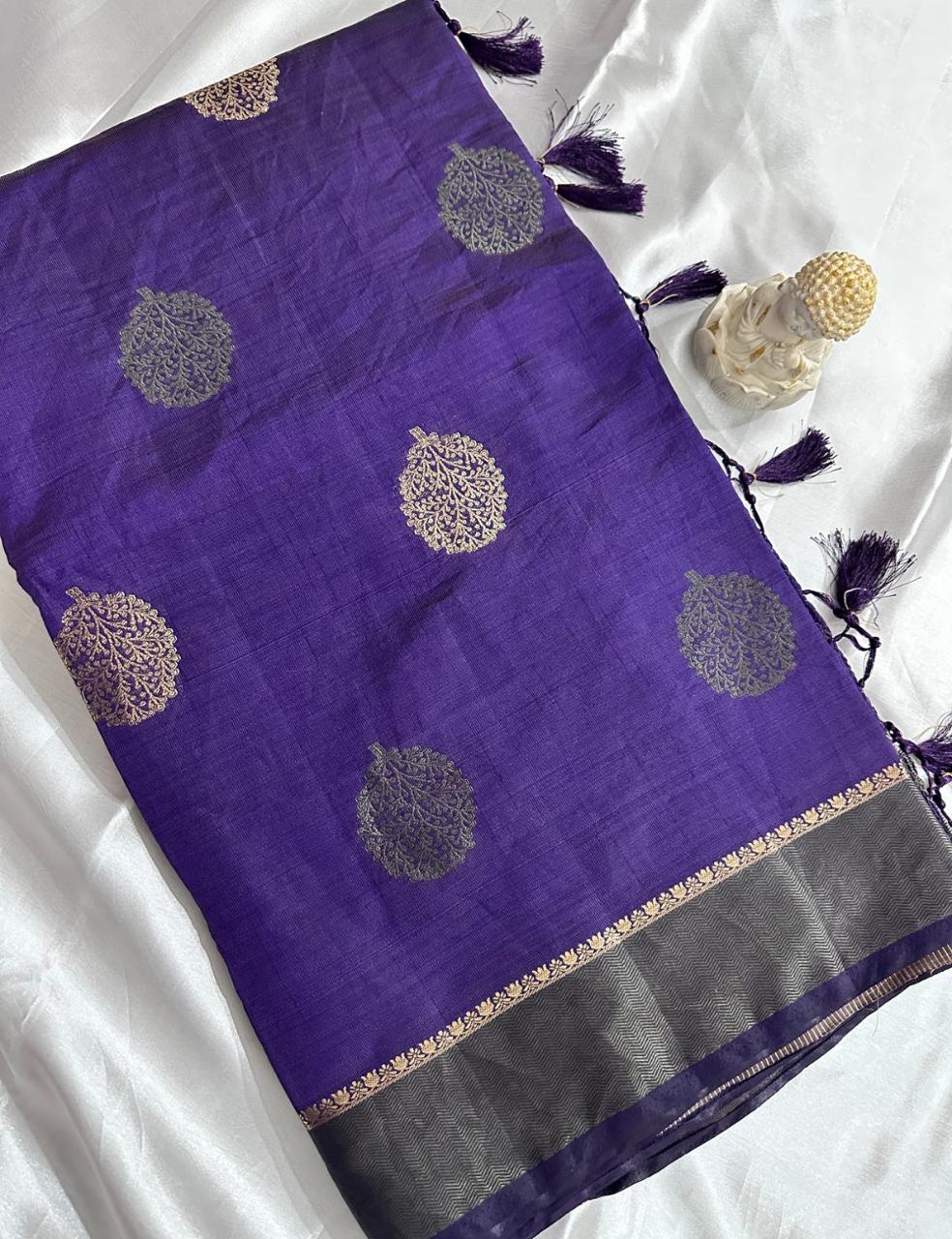 Deep Violet Tussar Silk Saree with Hand Block Leaf Prints and Tassel Finish