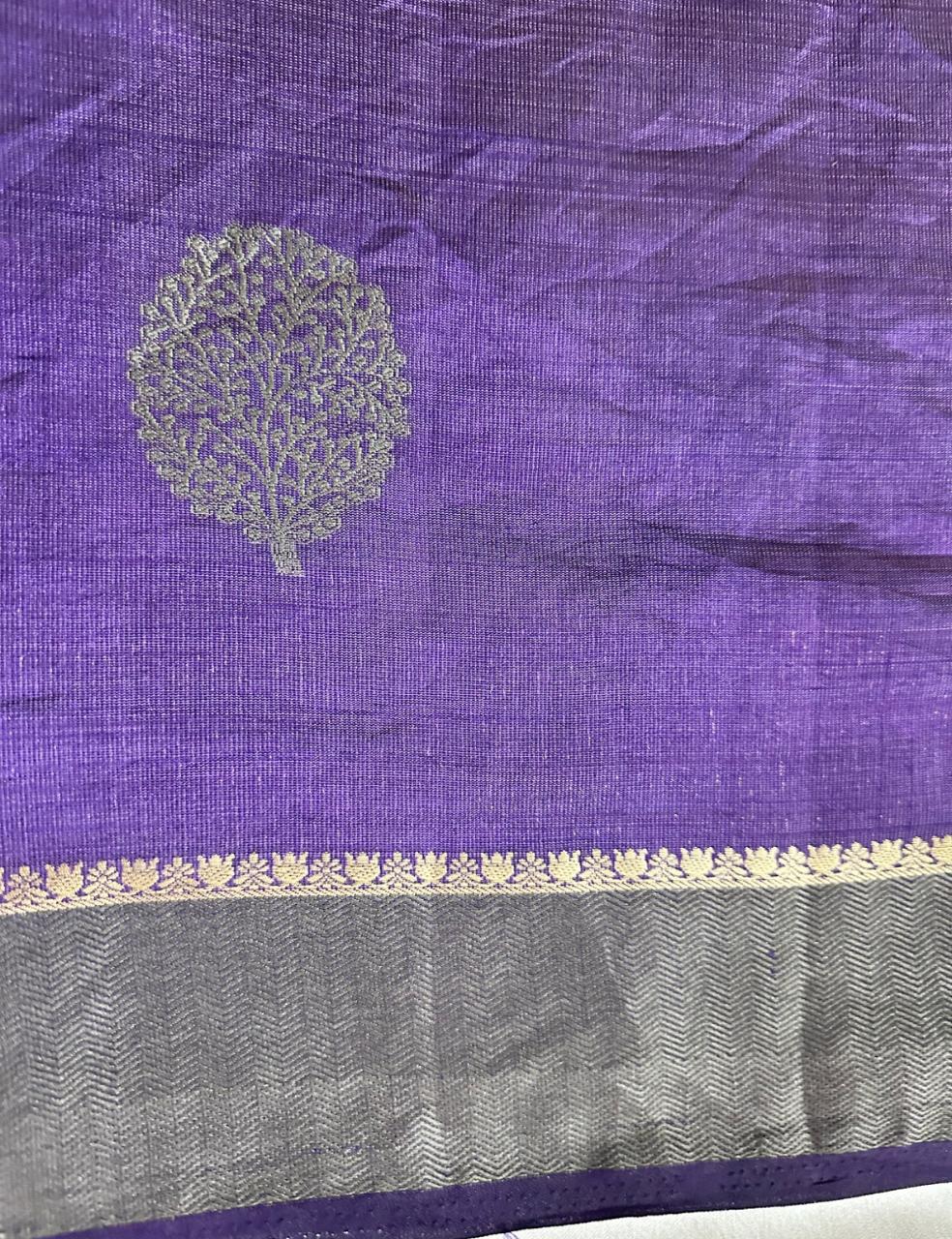 Deep Violet Tussar Silk Saree with Hand Block Leaf Prints and Tassel Finish