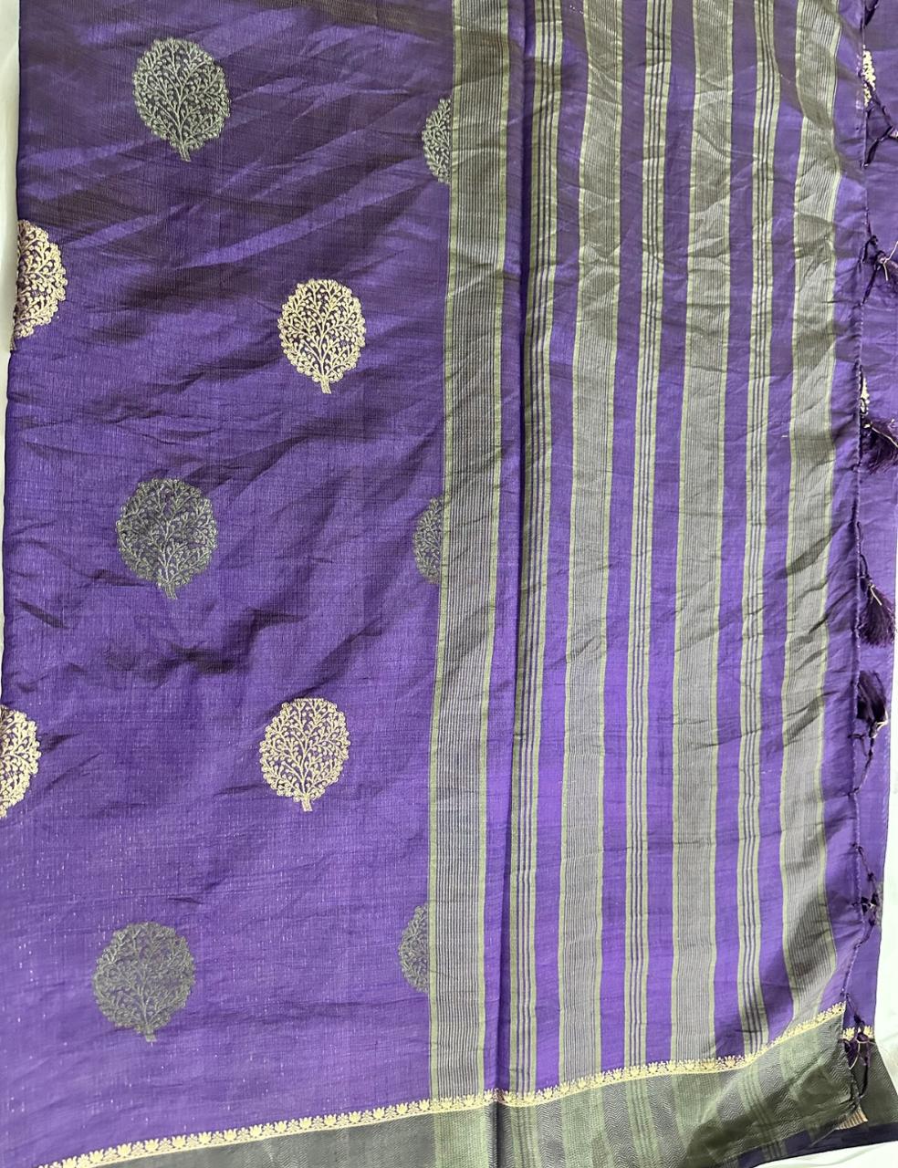 Deep Violet Tussar Silk Saree with Hand Block Leaf Prints and Tassel Finish