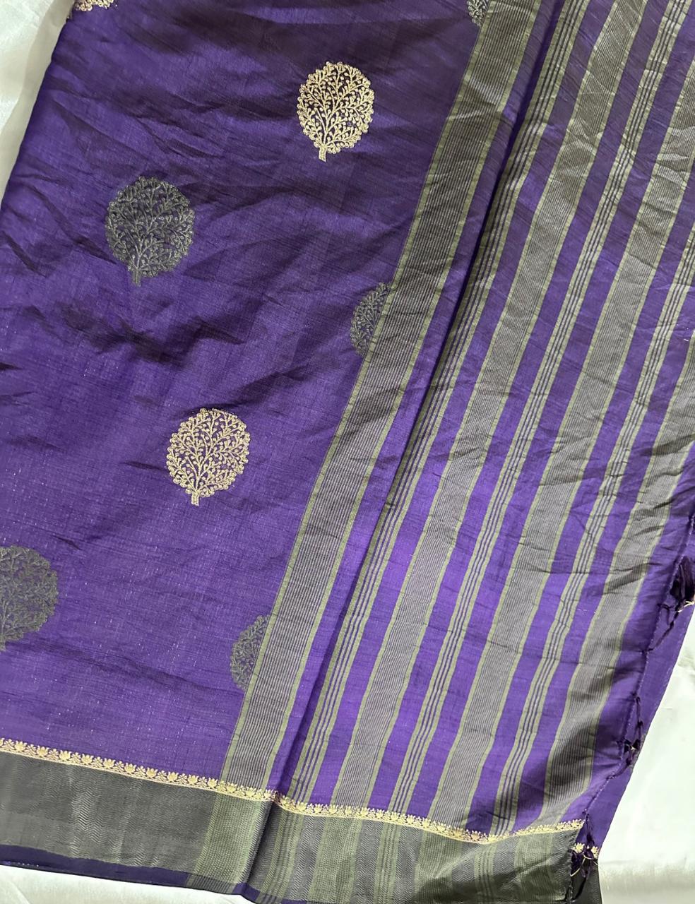 Deep Violet Tussar Silk Saree with Hand Block Leaf Prints and Tassel Finish