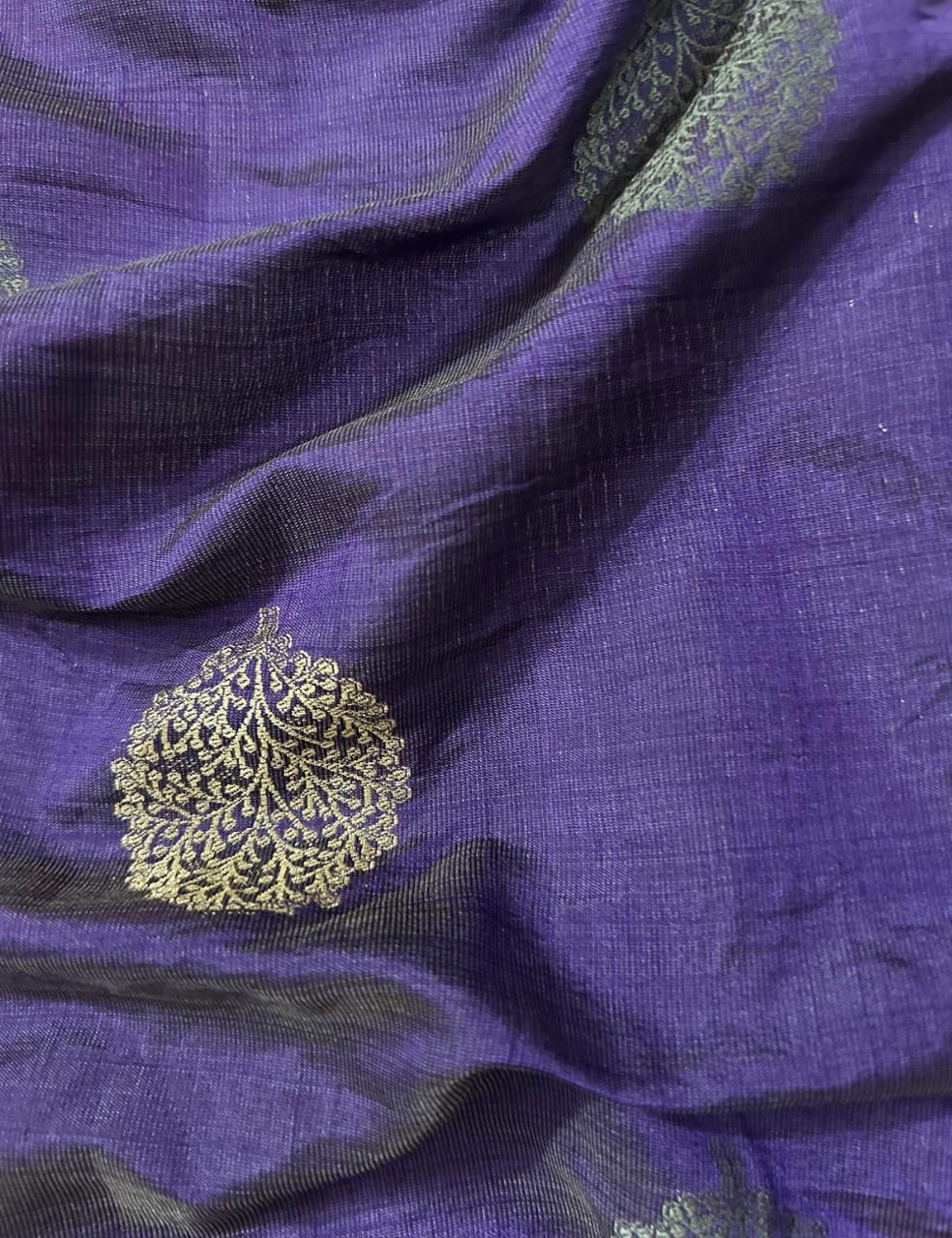 Deep Violet Tussar Silk Saree with Hand Block Leaf Prints and Tassel Finish