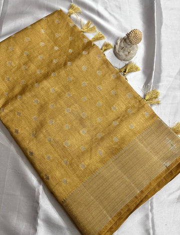 Golden Mustard Tussar Silk Saree with Silver Zari Butta and Elegant Border