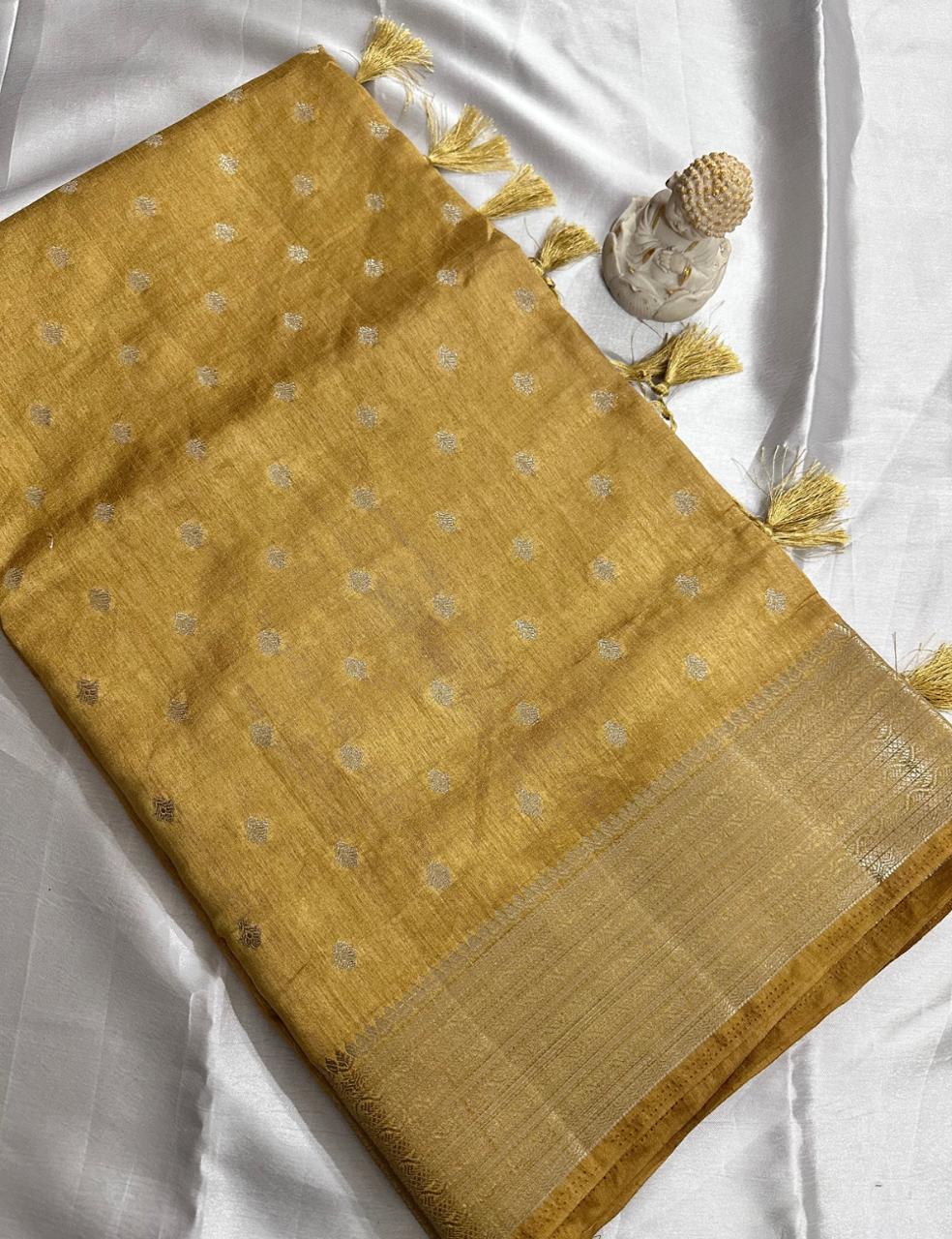 Golden Mustard Tussar Silk Saree with Silver Zari Butta and Elegant Border