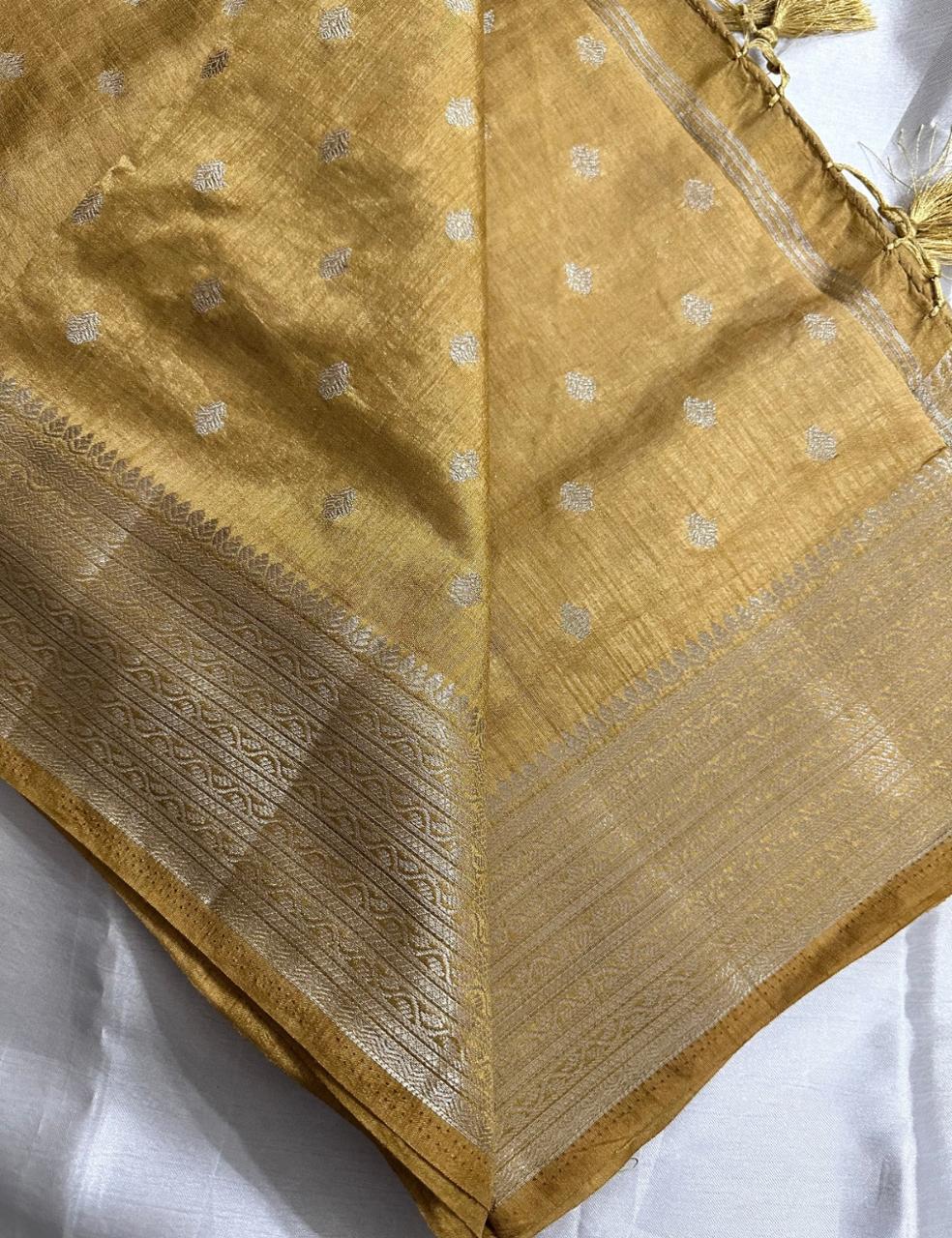Golden Mustard Tussar Silk Saree with Silver Zari Butta and Elegant Border