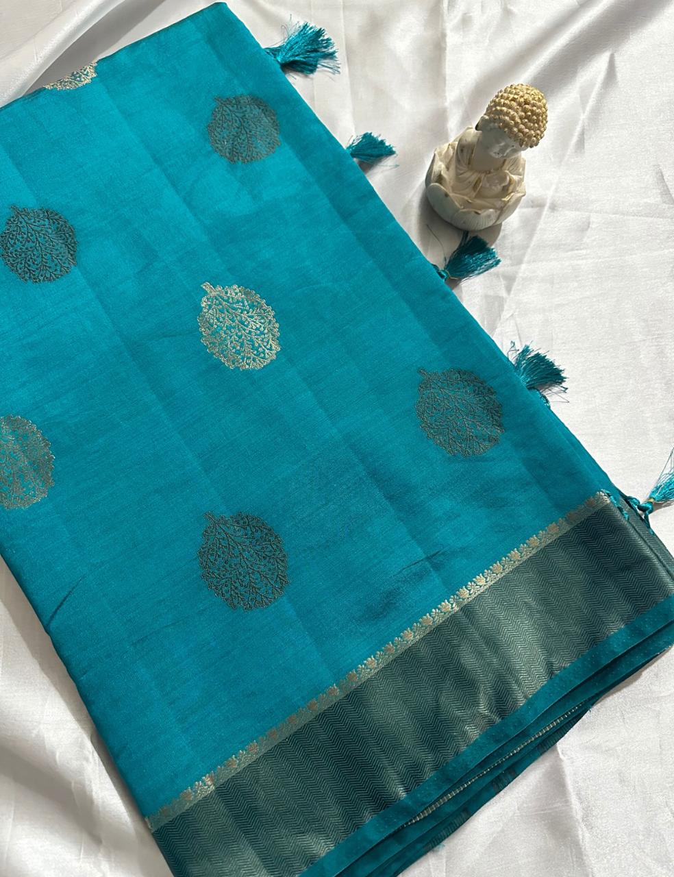 Teal Blue Tussar Silk Saree with Zari Butta and Striped Pallu