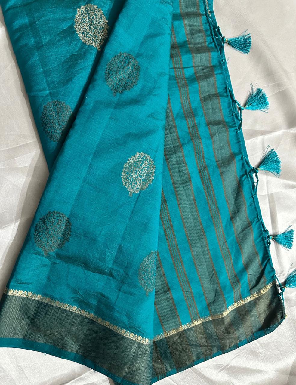 Teal Blue Tussar Silk Saree with Zari Butta and Striped Pallu