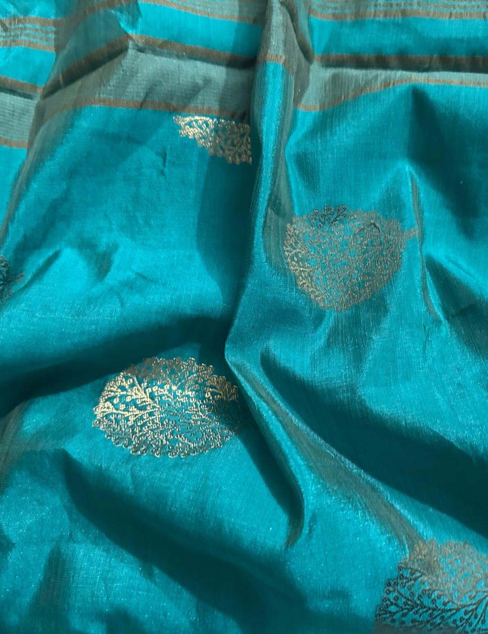 Teal Blue Tussar Silk Saree with Zari Butta and Striped Pallu