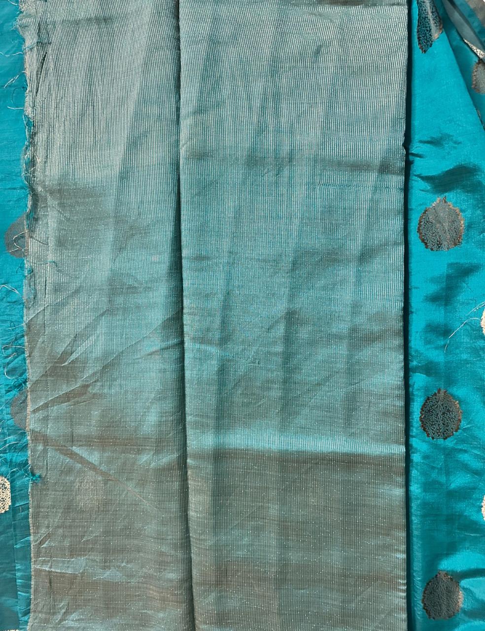 Teal Blue Tussar Silk Saree with Zari Butta and Striped Pallu