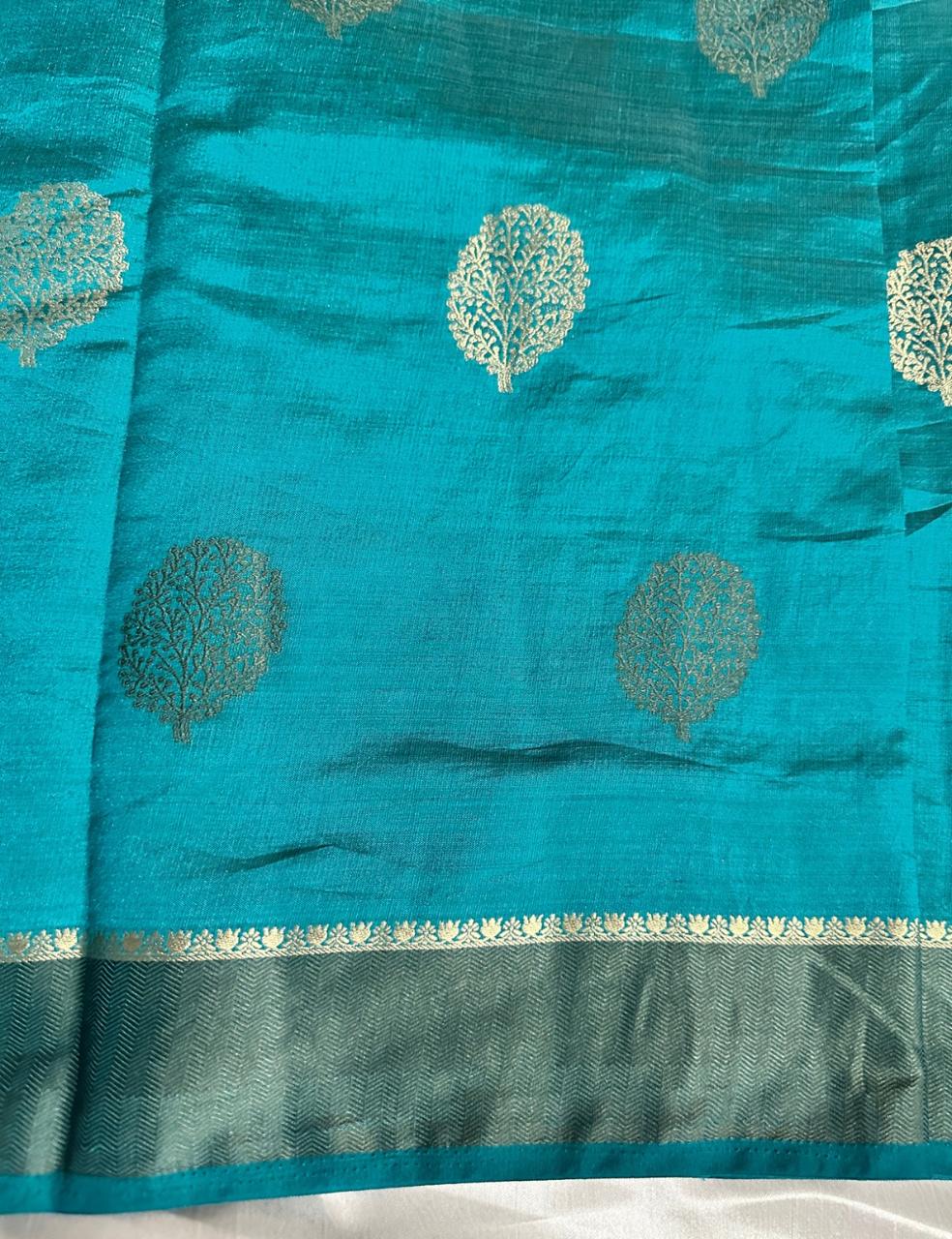 Teal Blue Tussar Silk Saree with Zari Butta and Striped Pallu
