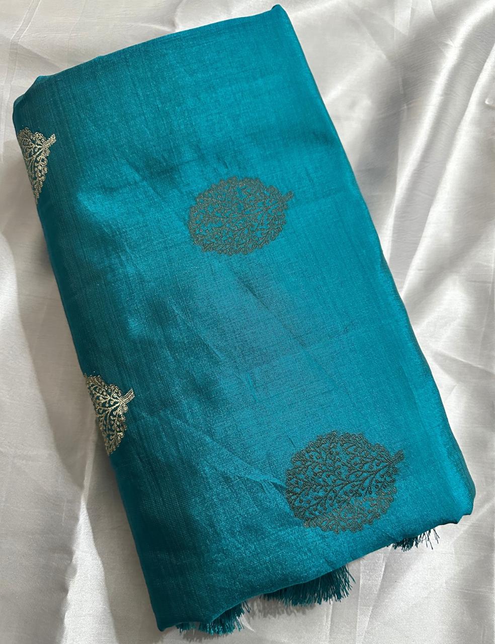 Teal Blue Tussar Silk Saree with Zari Butta and Striped Pallu