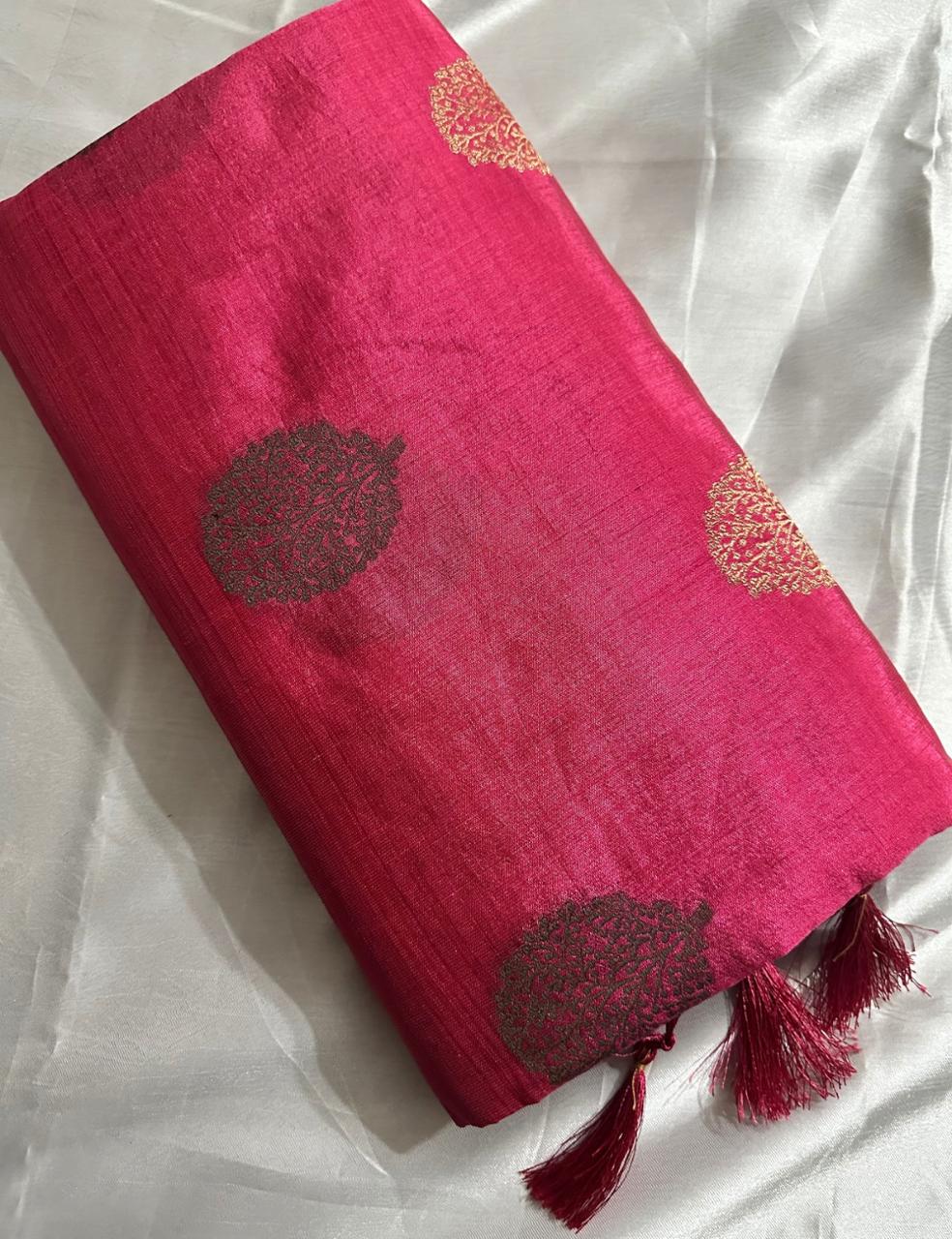 Elegant Fuchsia Pink Pure Tussar Silk Saree With Intricate Zari Buta and Tassel Detailing