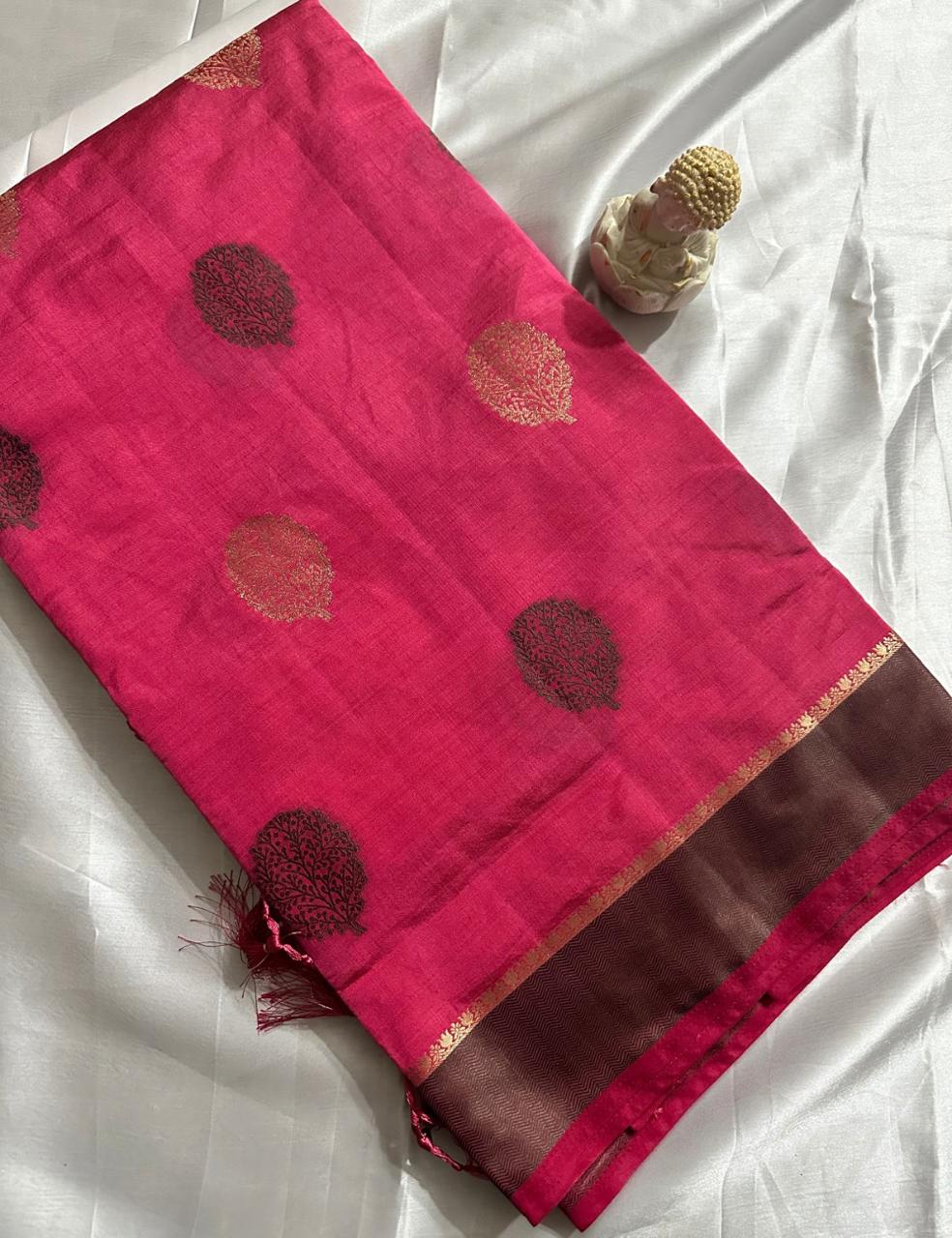 Elegant Fuchsia Pink Pure Tussar Silk Saree With Intricate Zari Buta and Tassel Detailing