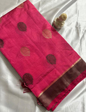 Elegant Fuchsia Pink Pure Tussar Silk Saree With Intricate Zari Buta and Tassel Detailing