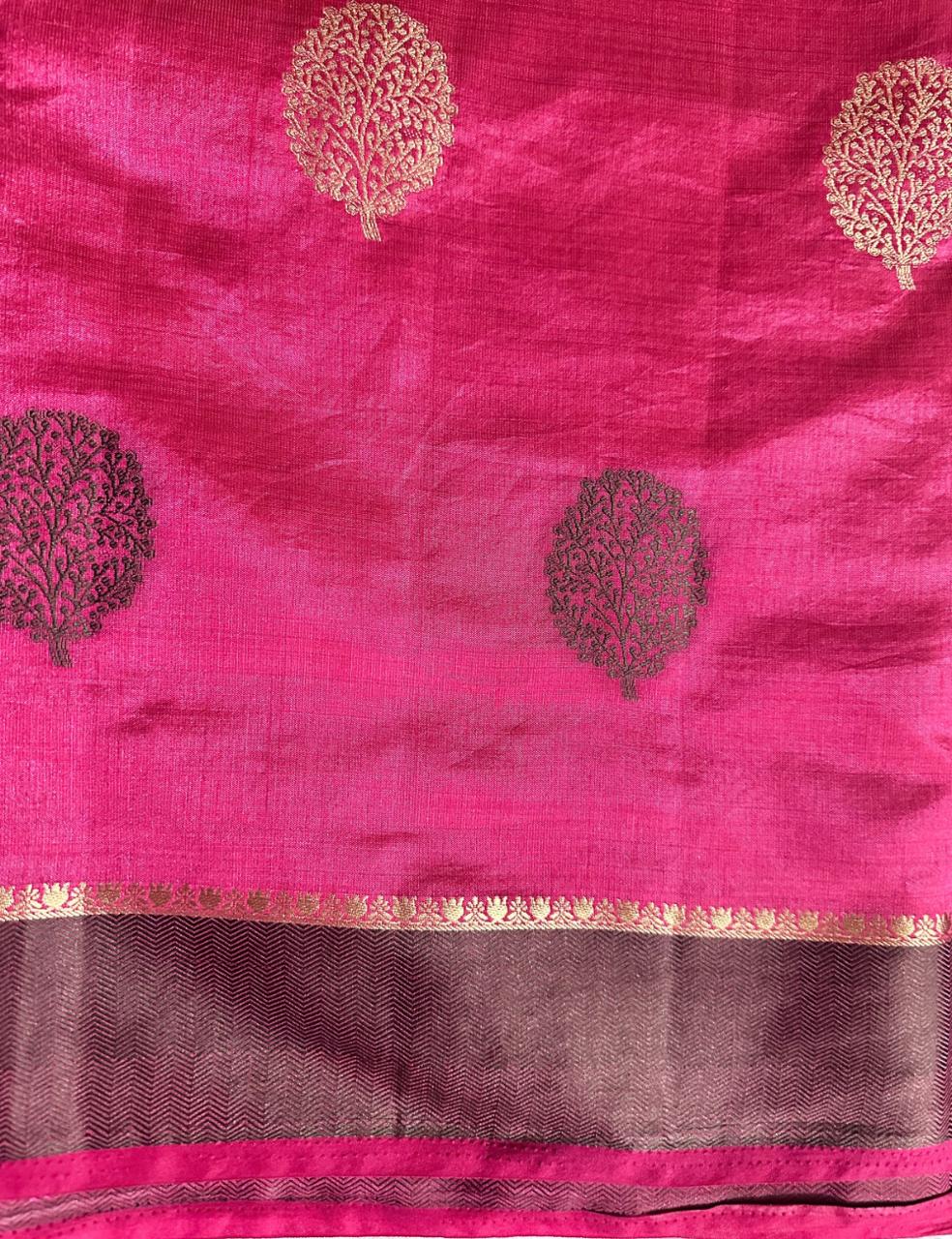 Elegant Fuchsia Pink Pure Tussar Silk Saree With Intricate Zari Buta and Tassel Detailing