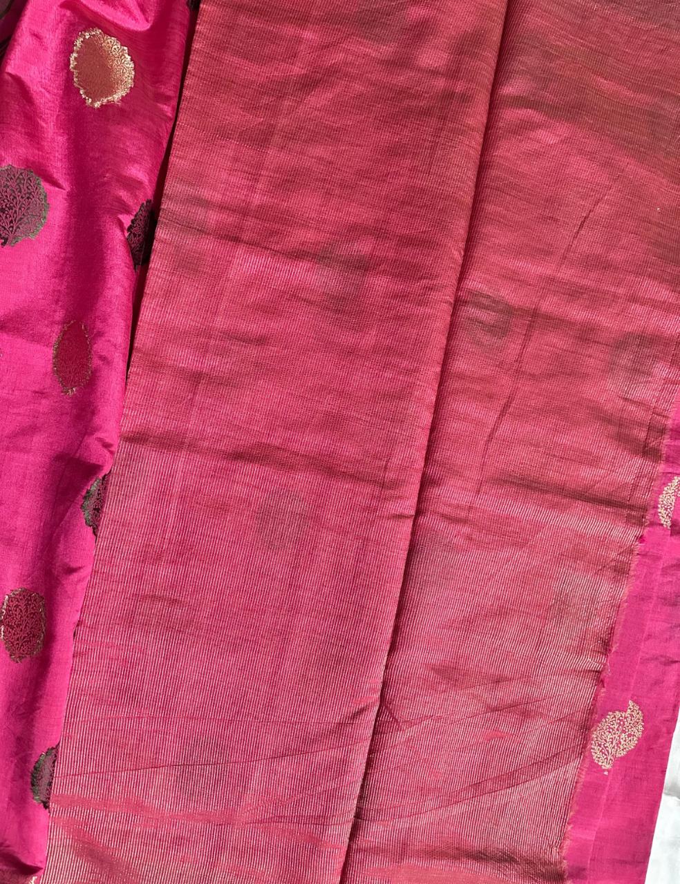 Elegant Fuchsia Pink Pure Tussar Silk Saree With Intricate Zari Buta and Tassel Detailing