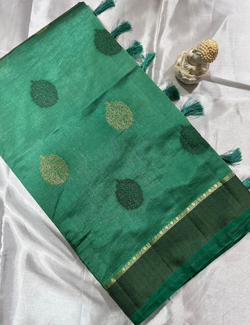Graceful Emerald Green Pure Tussar Silk Saree with Zari Leaf Motifs and Elegant Border