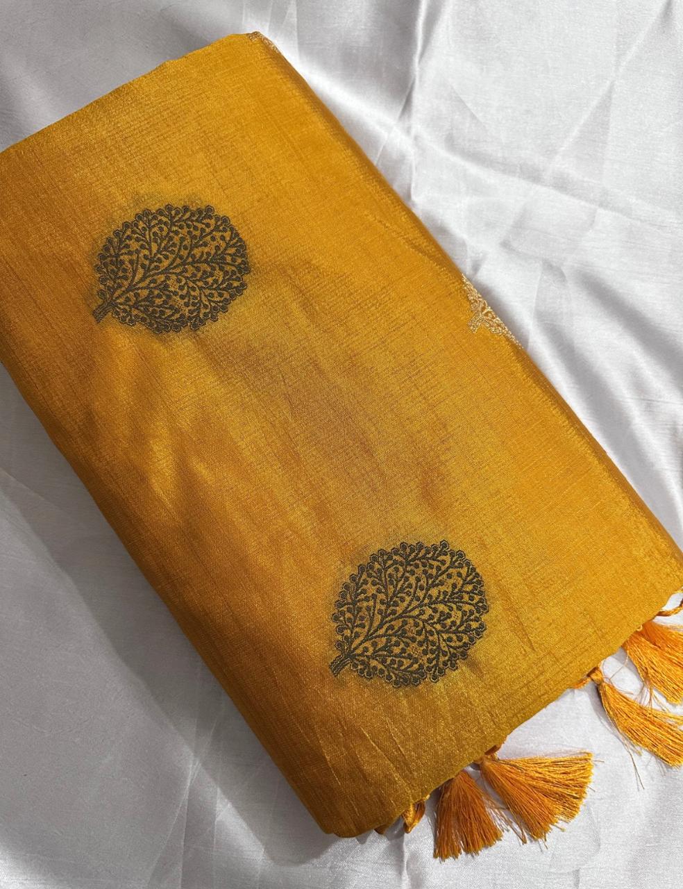 Golden Mustard Handcrafted Tussar Silk Saree with Leaf Block Print & Tassel Edge