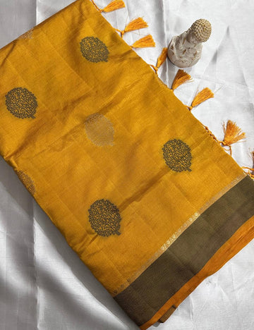 Golden Mustard Handcrafted Tussar Silk Saree with Leaf Block Print & Tassel Edge