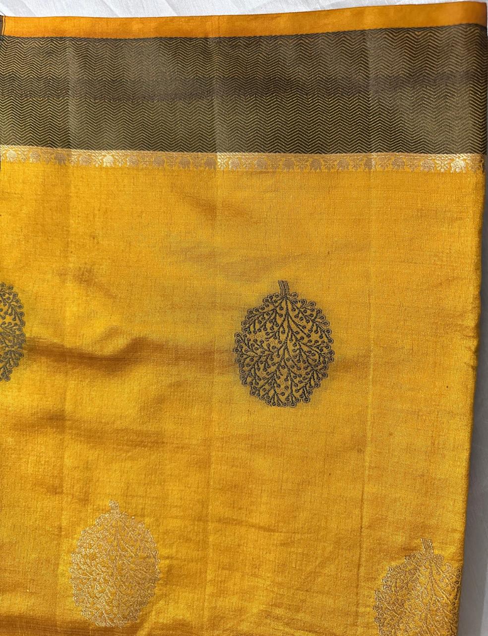 Golden Mustard Handcrafted Tussar Silk Saree with Leaf Block Print & Tassel Edge