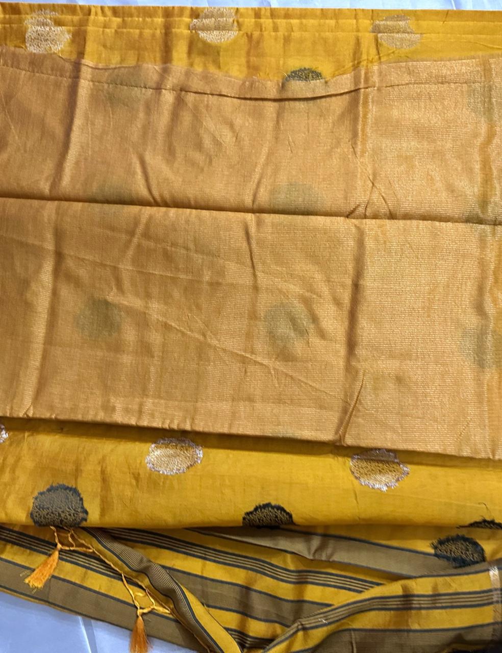 Golden Mustard Handcrafted Tussar Silk Saree with Leaf Block Print & Tassel Edge