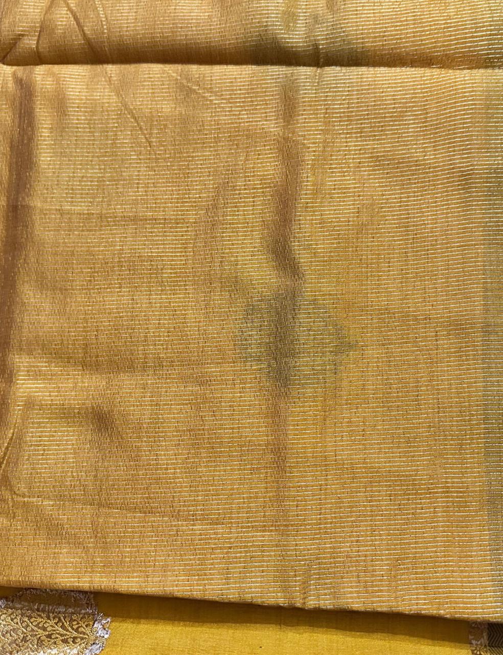 Golden Mustard Handcrafted Tussar Silk Saree with Leaf Block Print & Tassel Edge