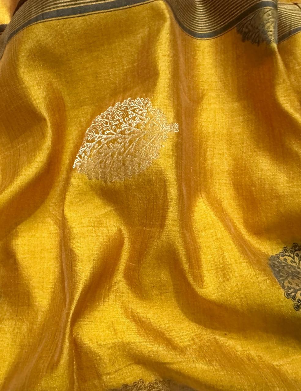Golden Mustard Handcrafted Tussar Silk Saree with Leaf Block Print & Tassel Edge