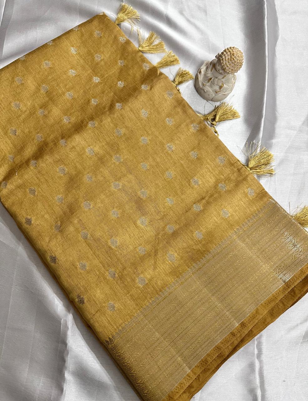 Golden Mustard Tussar Silk Saree with Silver Zari Butta and Elegant Border