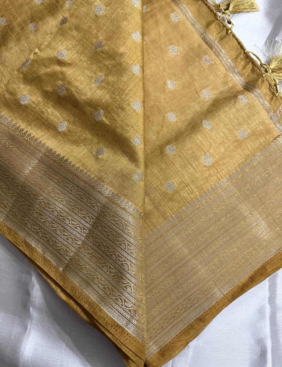 Golden Mustard Tussar Silk Saree with Silver Zari Butta and Elegant Border
