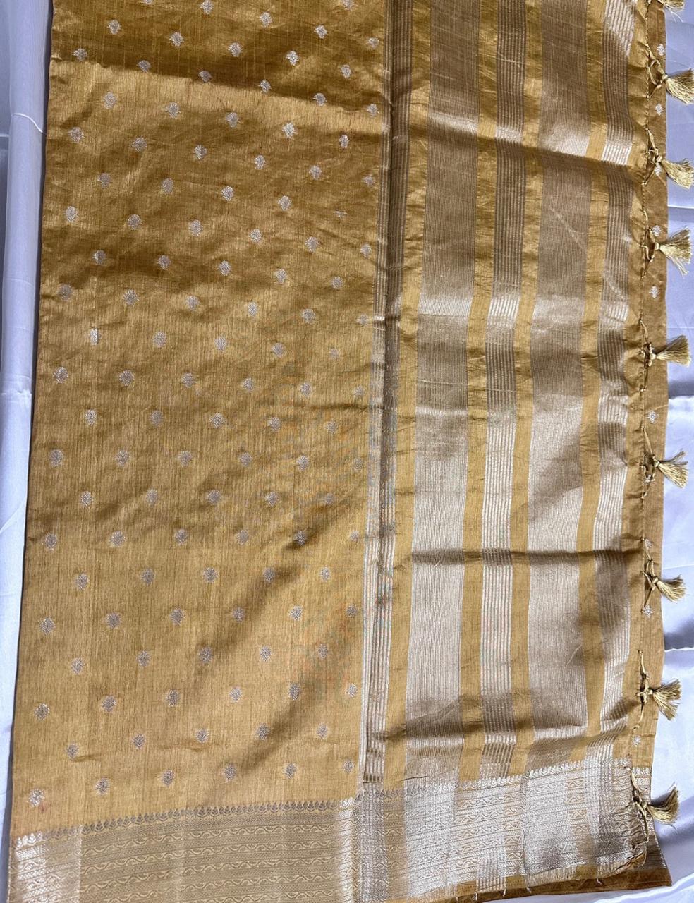 Golden Mustard Tussar Silk Saree with Silver Zari Butta and Elegant Border