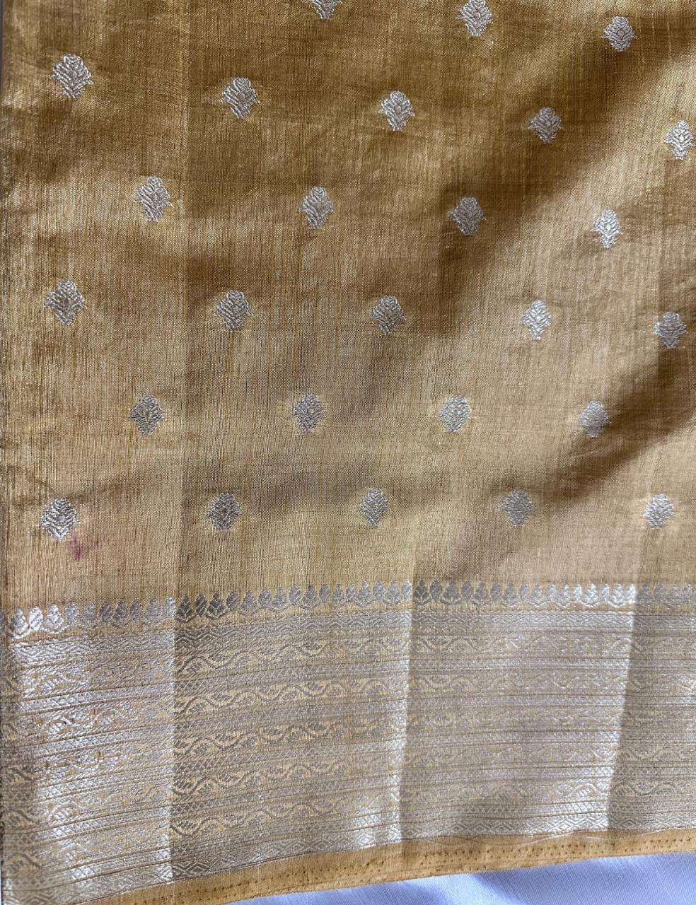 Golden Mustard Tussar Silk Saree with Silver Zari Butta and Elegant Border