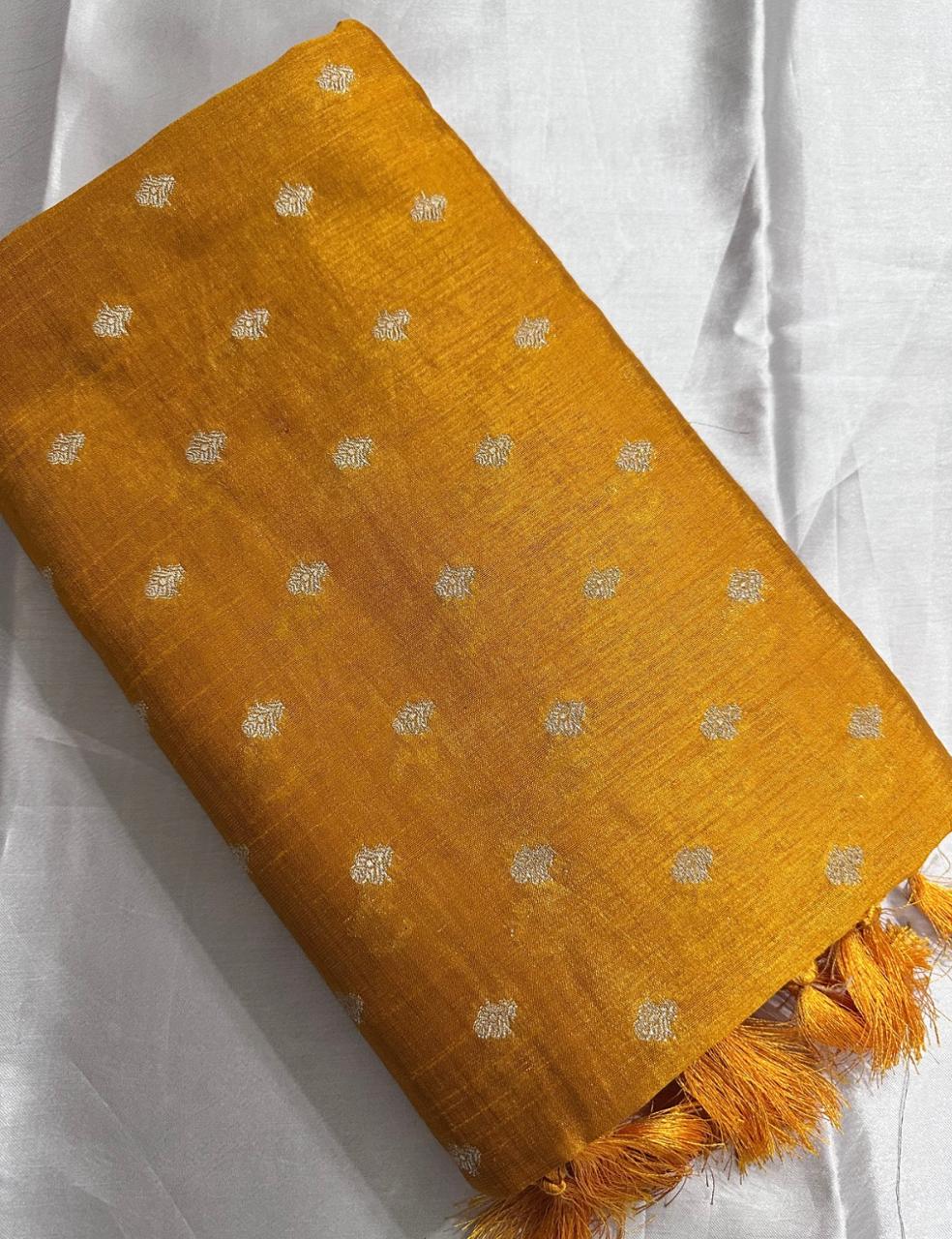 Golden Yellow Tussar Silk Saree with Silver Zari Butta and Striped Pallu