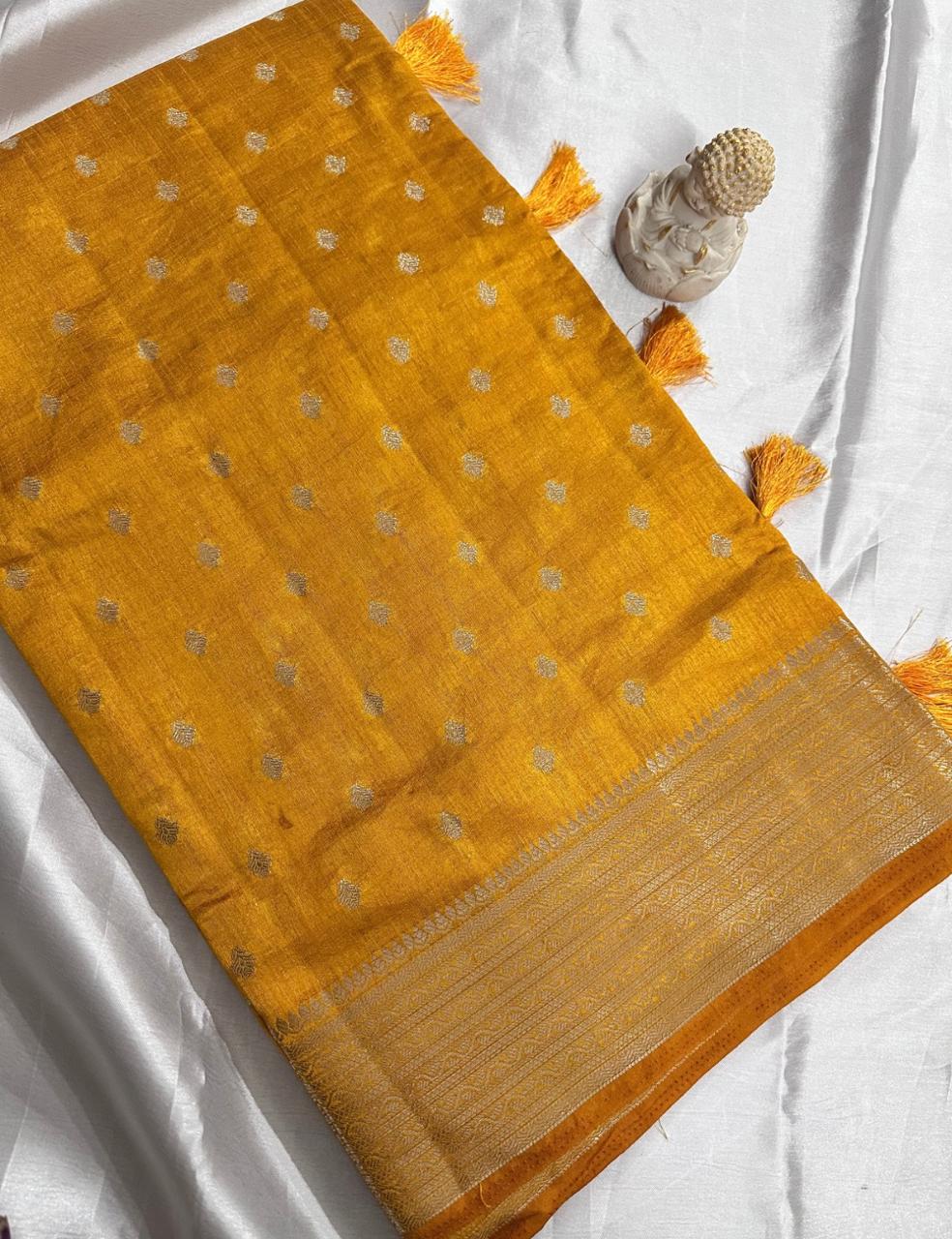 Golden Yellow Tussar Silk Saree with Silver Zari Butta and Striped Pallu