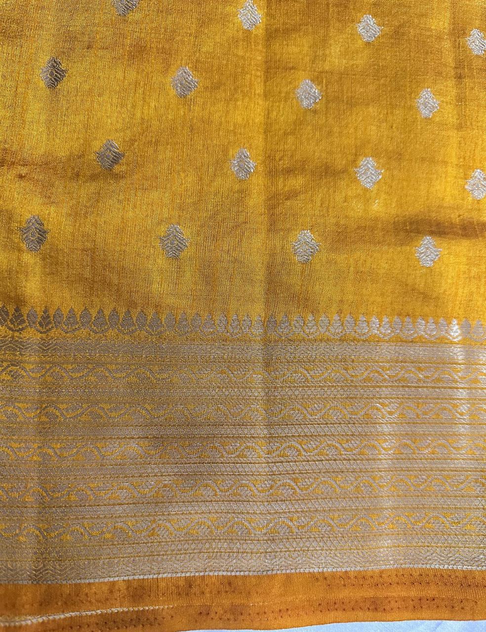 Golden Yellow Tussar Silk Saree with Silver Zari Butta and Striped Pallu