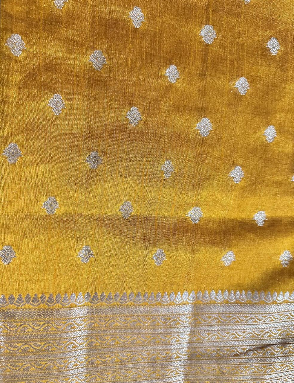 Golden Yellow Tussar Silk Saree with Silver Zari Butta and Striped Pallu