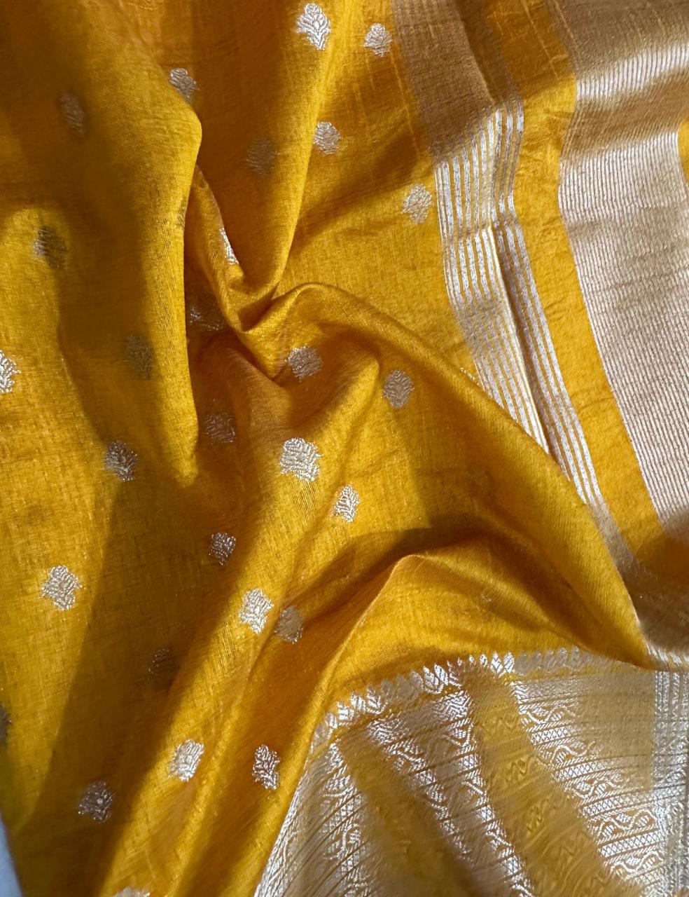 Golden Yellow Tussar Silk Saree with Silver Zari Butta and Striped Pallu