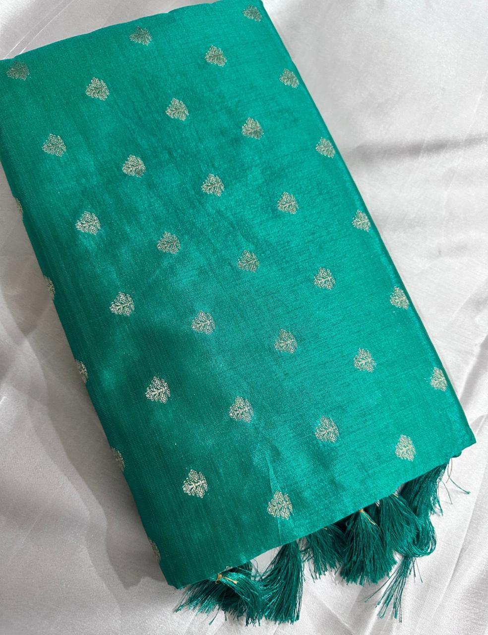 Sea Green Tussar Silk Saree with Silver Zari Leaf Butta and Woven Border