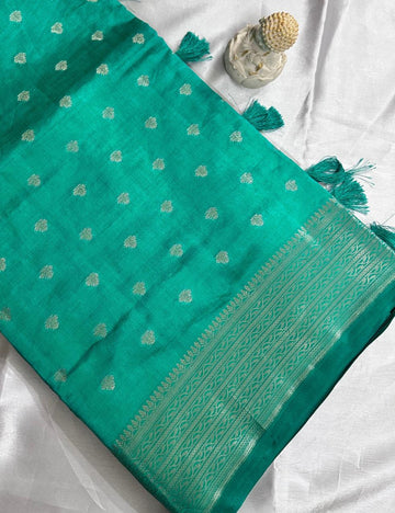 Sea Green Tussar Silk Saree with Silver Zari Leaf Butta and Woven Border