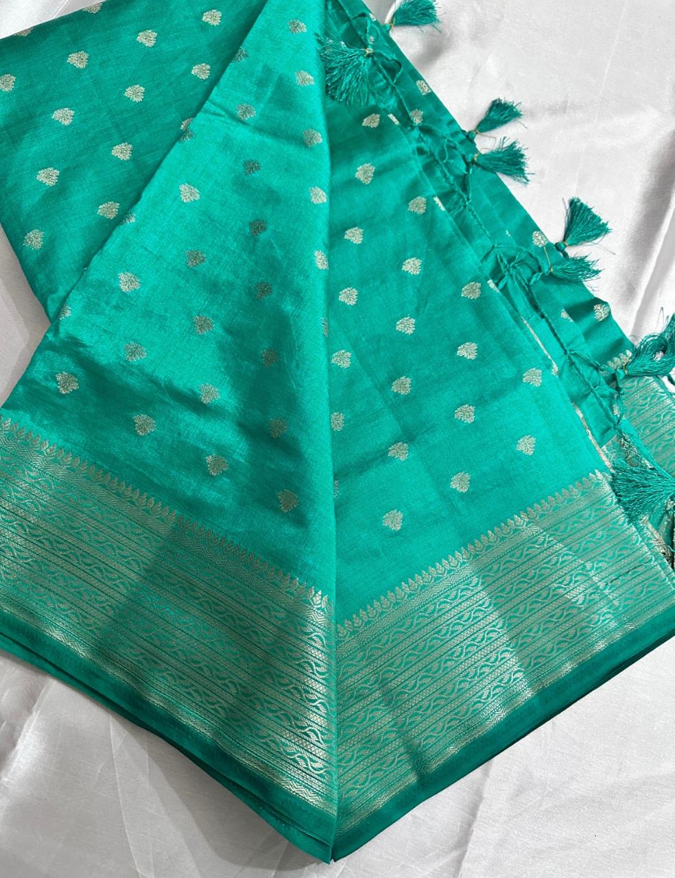 Sea Green Tussar Silk Saree with Silver Zari Leaf Butta and Woven Border
