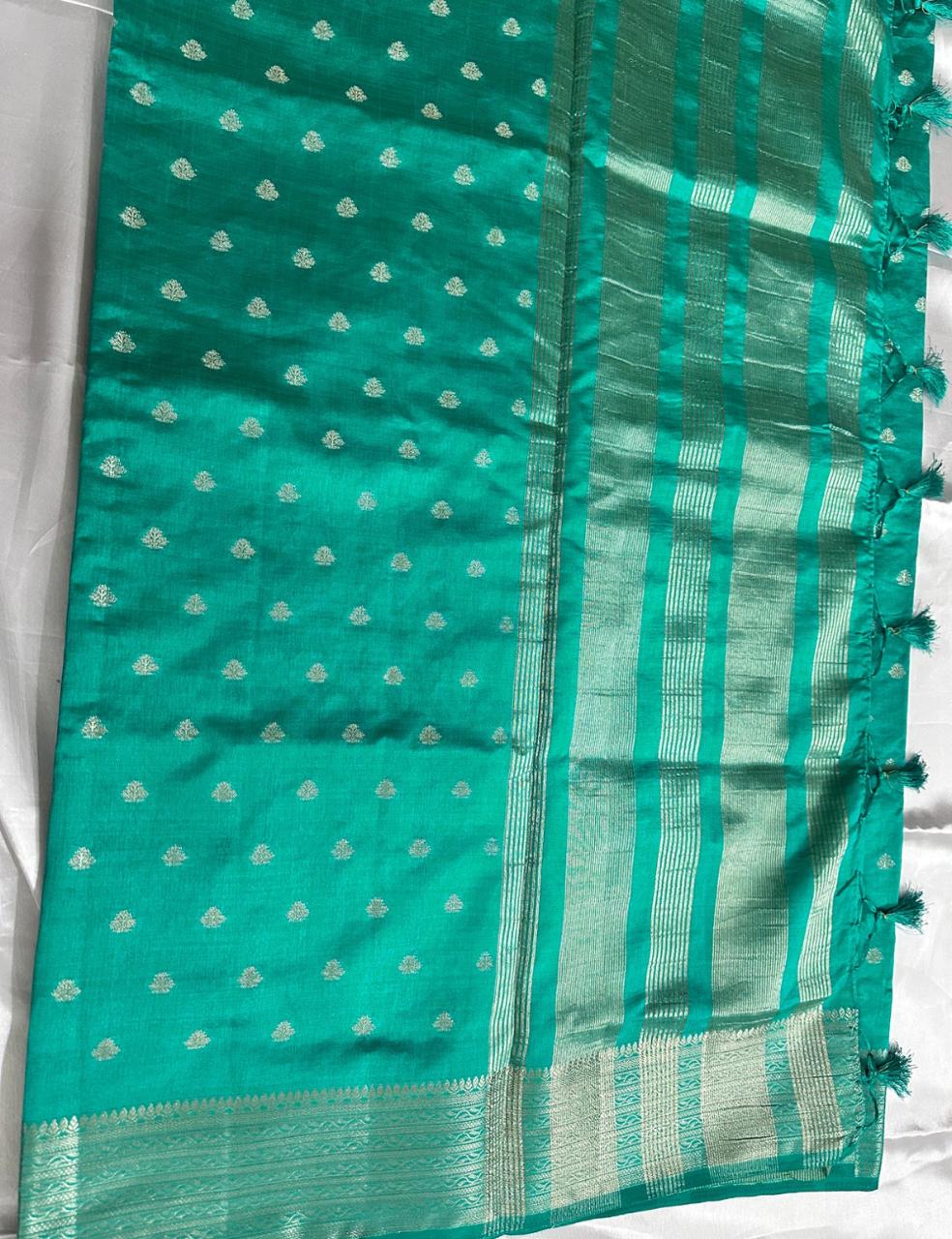 Sea Green Tussar Silk Saree with Silver Zari Leaf Butta and Woven Border