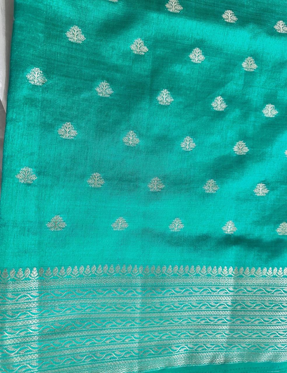 Sea Green Tussar Silk Saree with Silver Zari Leaf Butta and Woven Border