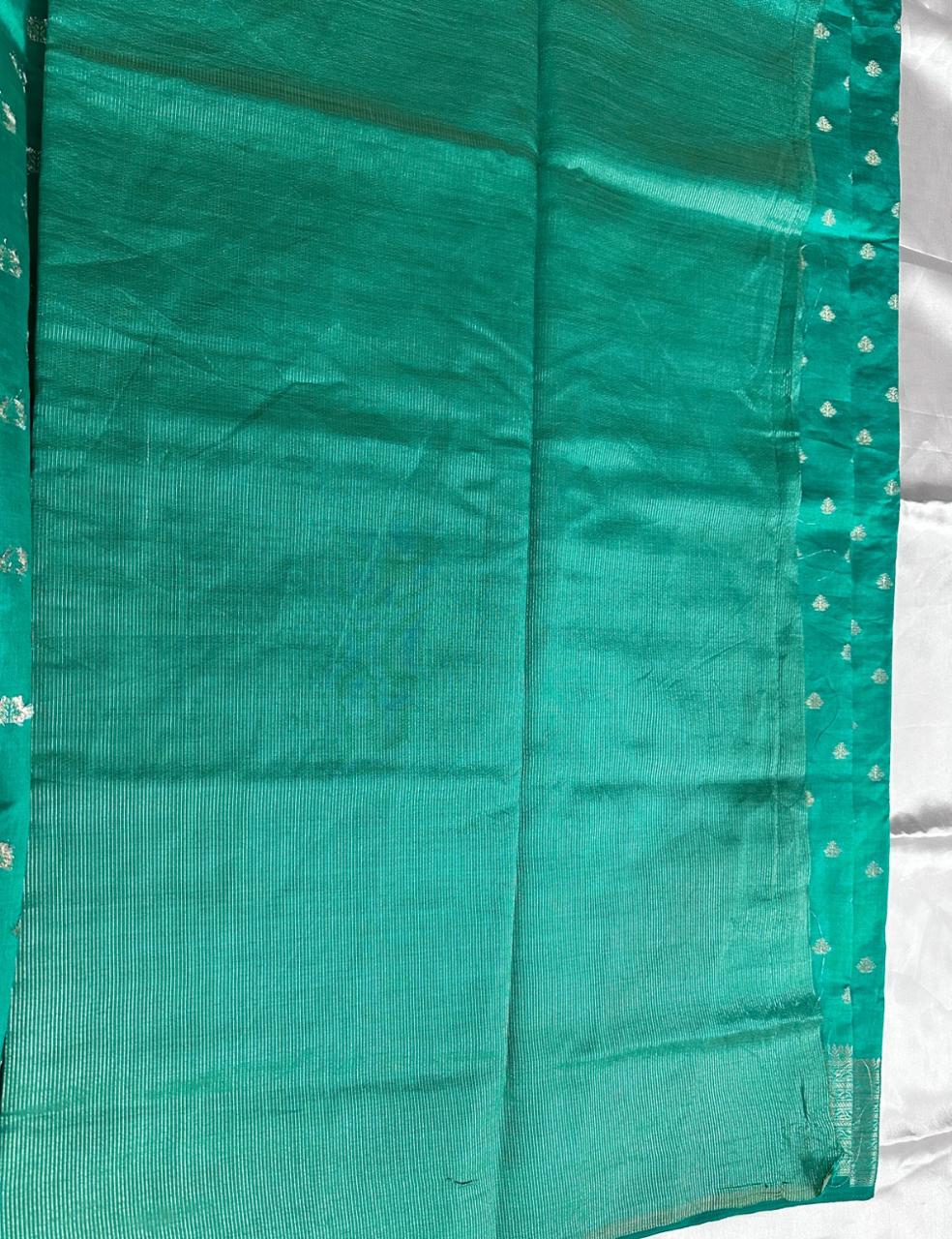 Sea Green Tussar Silk Saree with Silver Zari Leaf Butta and Woven Border